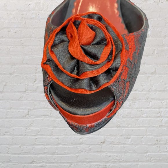 NEW BORDELLO -- Platform Stilettos, Red Satin w/Black Lace Overlay, Peep Toe - Picture 8 of 11